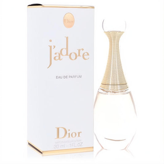 Jadore by Christian Dior 1 oz Eau de Parfum spray. Clear glass bottle with elegant gold ribbed neck and matching white gold-lettered box.