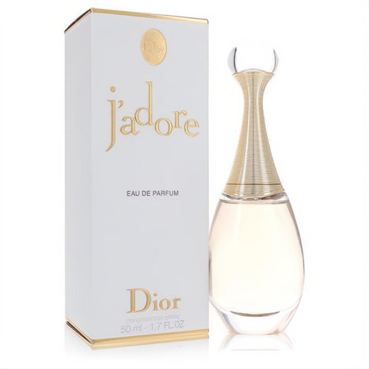 Luxurious Jadore by Christian Dior 1.7 oz Eau De Parfum in an elegant clear bottle with a gold-ribbed neck, beside its white and gold box.