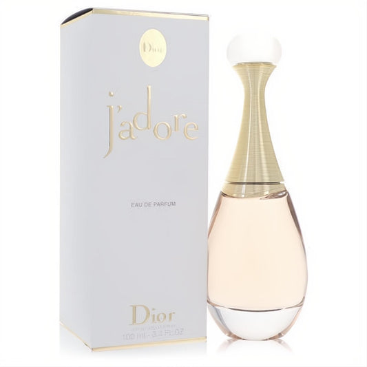 Luxurious Jadore by Christian Dior 3.4 oz Eau De Parfum spray. Features iconic gold-capped bottle with pink liquid and elegant white box.