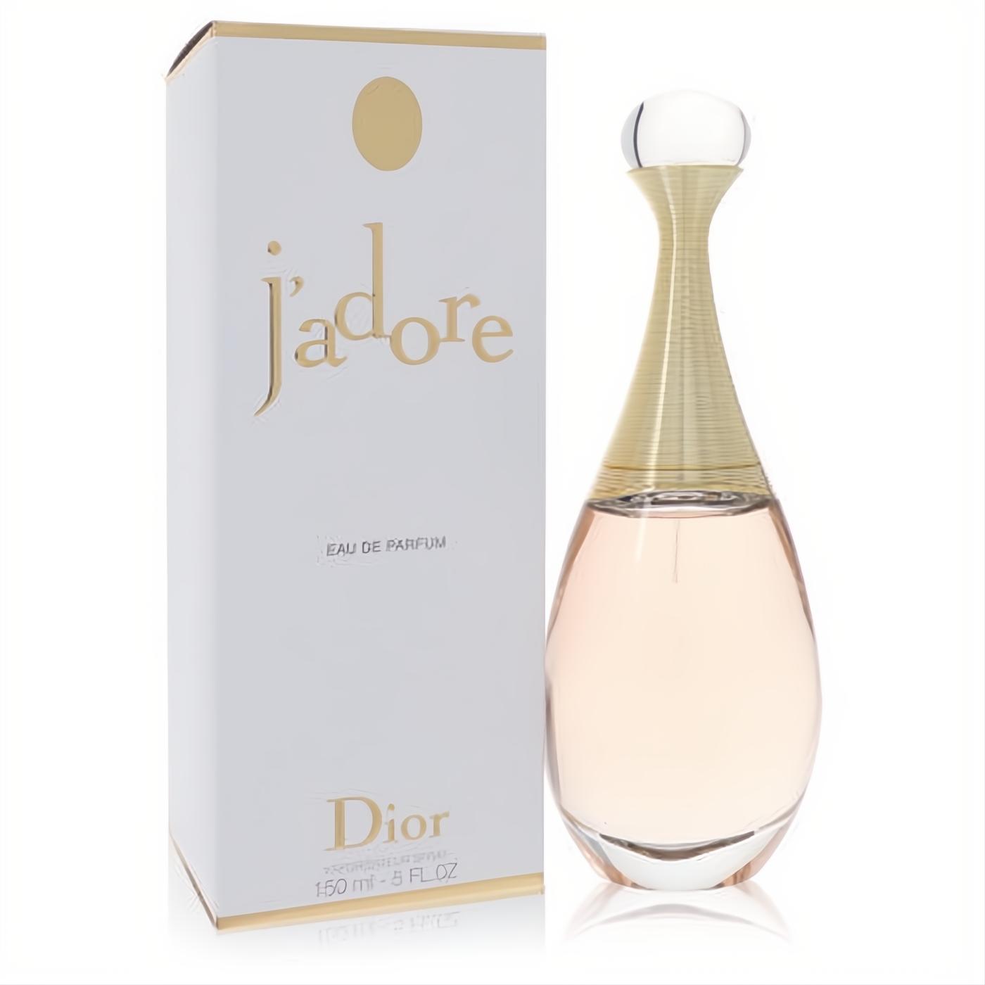 J'adore by Dior 5 oz Eau de Parfum. Luxurious clear glass bottle with gold-wrapped neck, light pink fragrance, and elegant white box.