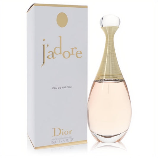 J'adore by Dior 5 oz Eau de Parfum. Luxurious clear glass bottle with gold-wrapped neck, light pink fragrance, and elegant white box.