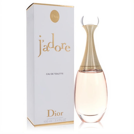 Jadore Dior 3.4 oz Eau de Toilette perfume bottle with light peach liquid, iconic gold neck, and white box.