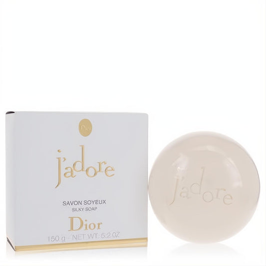 Luxurious Jadore by Dior 5.2 oz silky soap, a translucent sphere embossed with 'j'adore', presented in its elegant white and gold box.