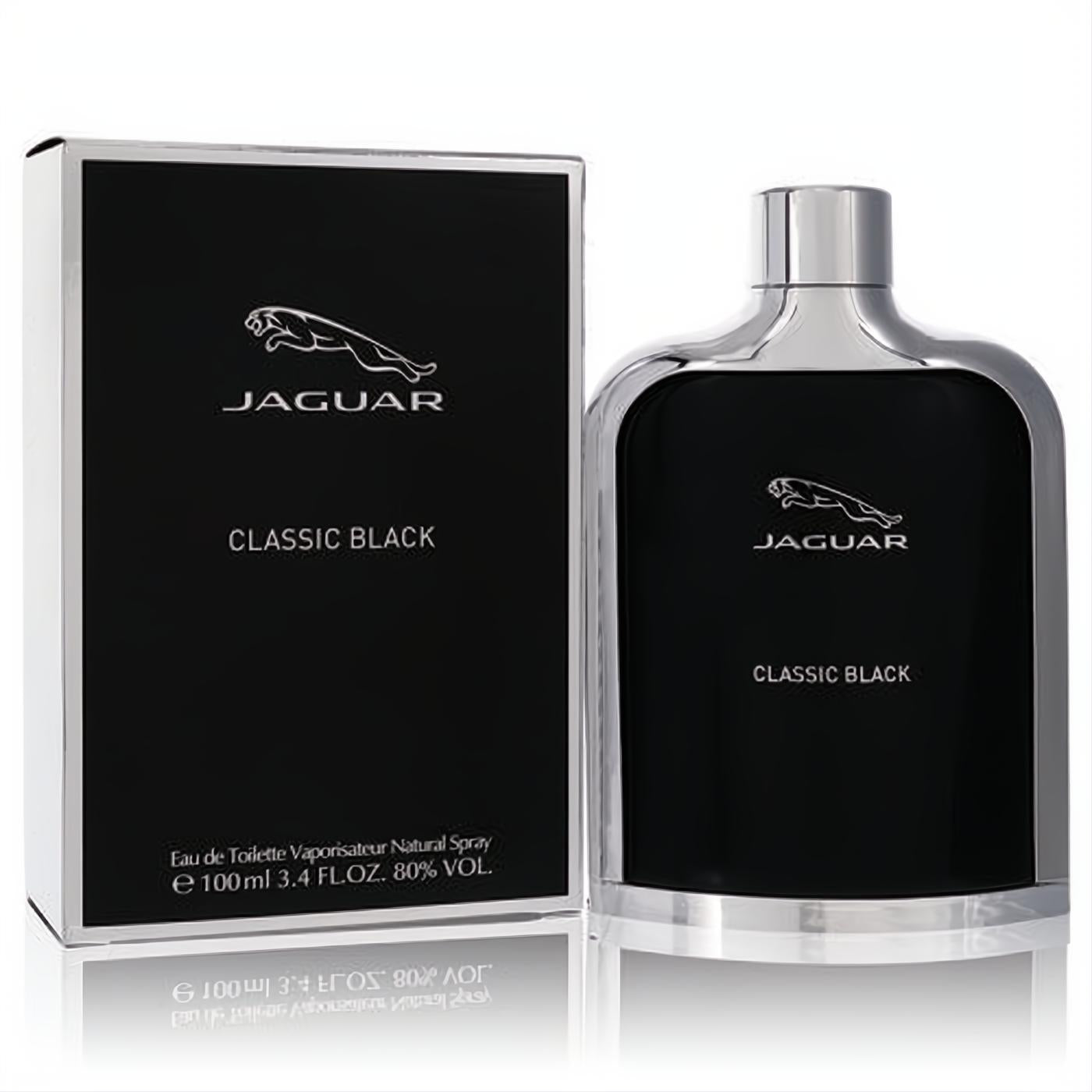 Elevate your style with Jaguar Classic Black men's 3.4 oz EDT. Sleek black bottle, silver cap, and elegant matching box.
