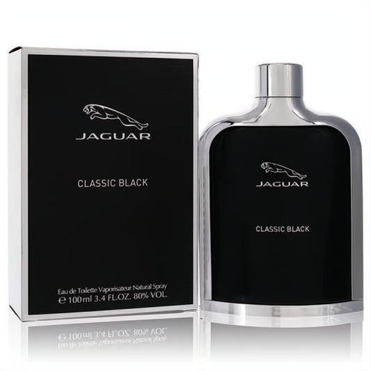 Elevate your style with Jaguar Classic Black men's 3.4 oz EDT. Sleek black bottle, silver cap, and elegant matching box.
