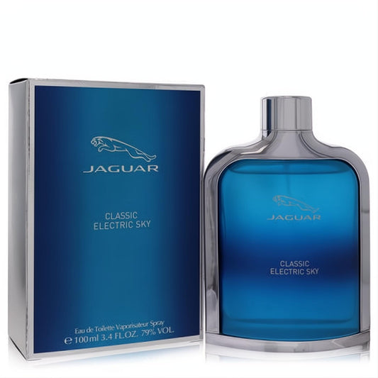 Jaguar Classic Electric Sky 3.4 oz men's EDT. Striking blue bottle, sleek silver frame, and matching gradient box.