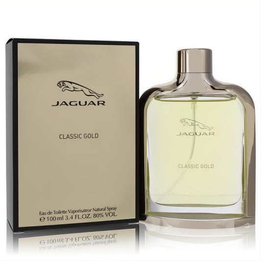 Jaguar Classic Gold 3.4 oz EDT spray. Elegant clear bottle with gold liquid, sleek silver cap, and luxurious matching gold box.