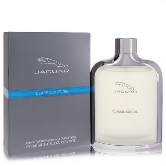 Distinctive Jaguar Classic Motion 3.4 oz EDT for men. Sleek clear bottle with silver trim and a gray box with a dynamic blue stripe.