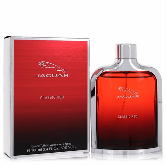 Bold Jaguar Classic Red 3.4 oz EDT spray in a sleek red glass bottle with a silver metallic frame, next to its vibrant red box.