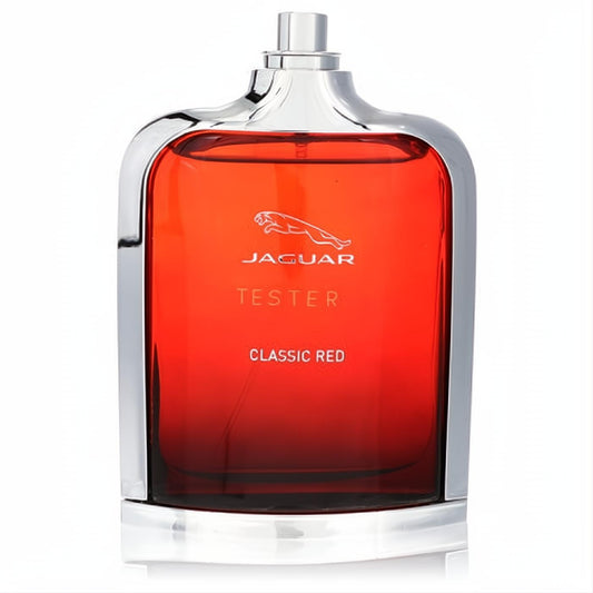 Jaguar Classic Red men's EDT tester. Bold red glass bottle, sleek silver chrome frame, and elegant spray top.