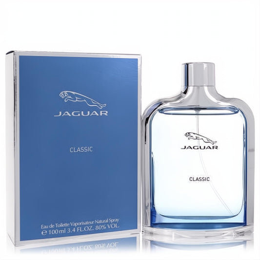 Jaguar Classic 3.4 oz men's EDT spray. Sleek clear bottle with silver cap, light blue liquid, and vibrant blue box.