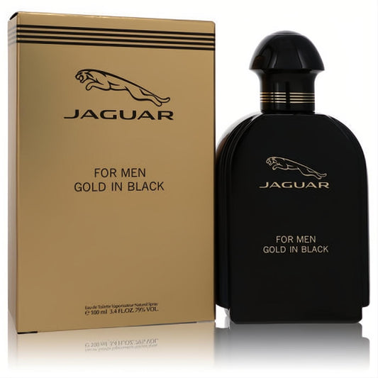 Jaguar Gold In Black men's EDT: elegant black 3.4 oz bottle with gold accents, beside a luxurious gold box.