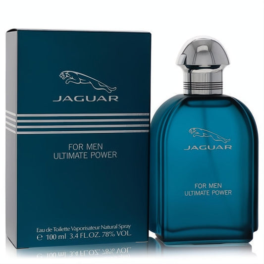 Jaguar Ultimate Power 3.4 oz men's Eau de Toilette. Luxurious teal bottle with iconic jaguar logo and sleek silver cap.