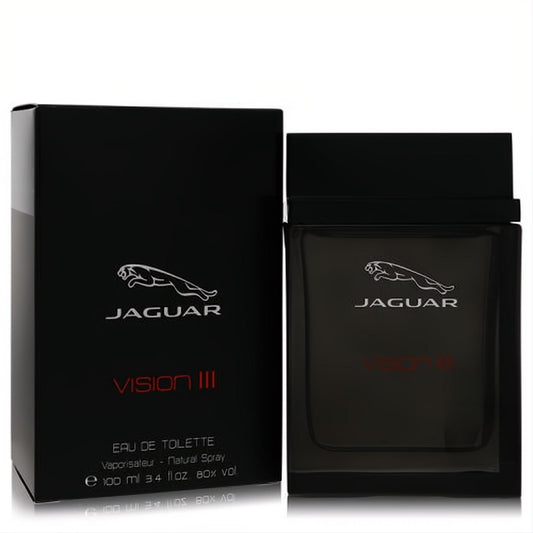 Jaguar Vision III 3.4 oz EDT for men. Elegant black glass bottle and box, featuring the iconic silver Jaguar logo and bold red text.