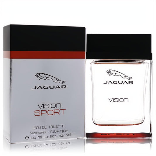 Jaguar Vision Sport 3.4 oz EDT for men. Sleek clear glass bottle with black cap and red base, beside its modern white, red, and black box.