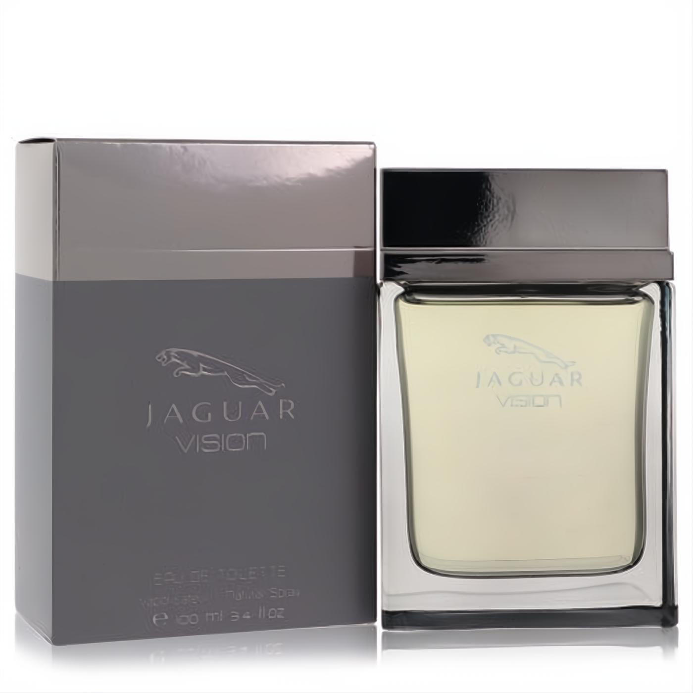 Jaguar Vision 3.4 oz EDT spray in a sleek clear glass bottle with dark cap and elegant grey box featuring the iconic Jaguar logo.
