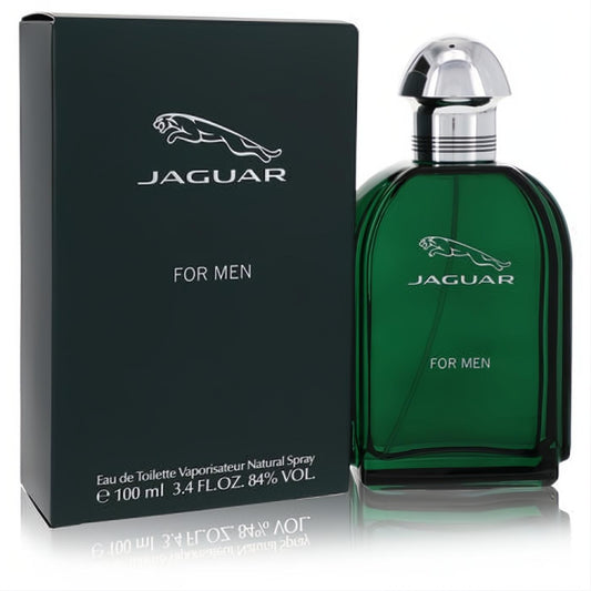 Jaguar for Men Eau De Toilette spray, 3.4 oz. Dark green glass bottle with silver cap and iconic Jaguar logo. Elegant, masculine fragrance.