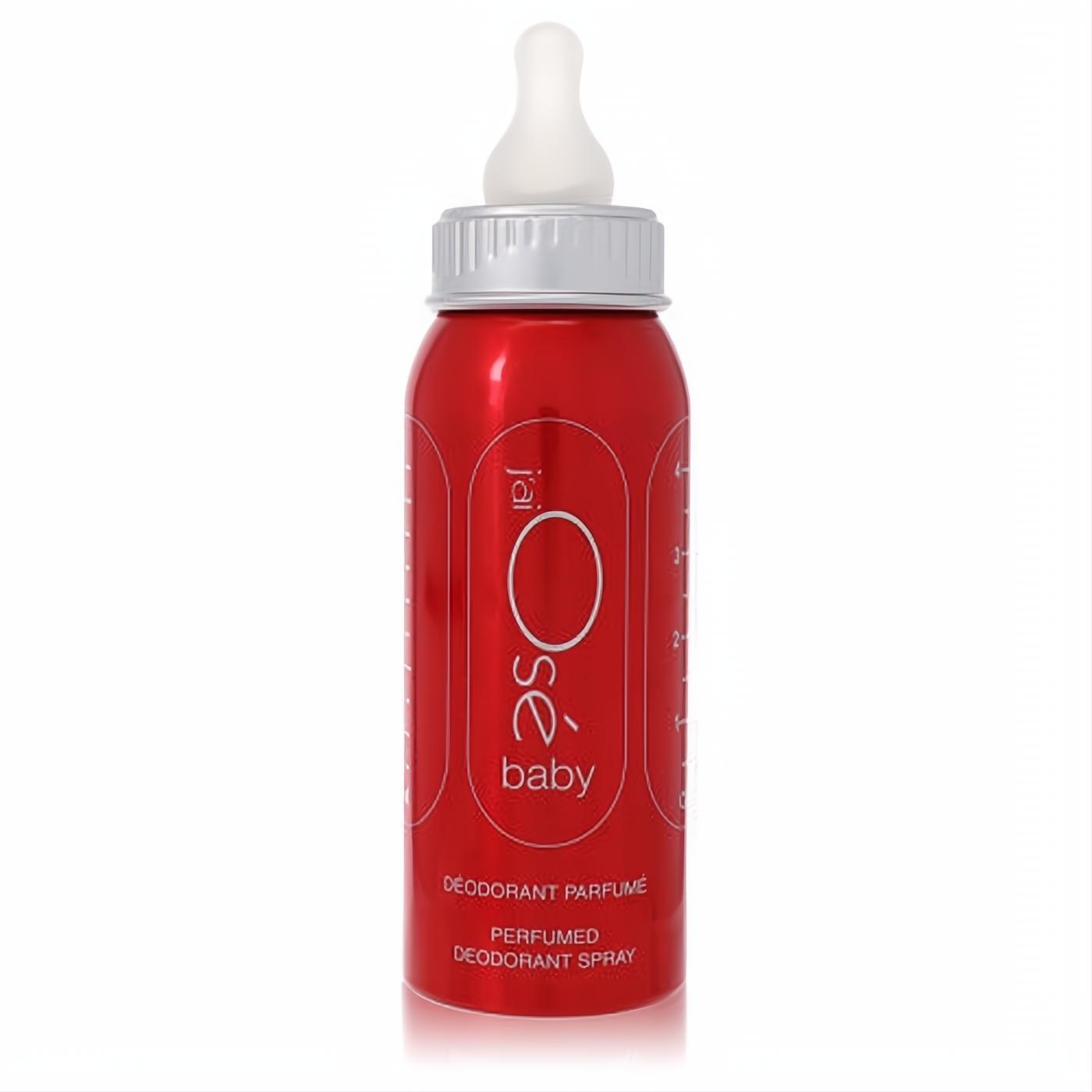 Distinctive red Jai Ose Baby perfumed deodorant spray bottle, featuring a unique baby bottle design with silver cap and white nipple.