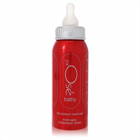 Distinctive red Jai Ose Baby perfumed deodorant spray bottle, featuring a unique baby bottle design with silver cap and white nipple.