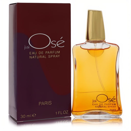 Luxurious Jai Ose Guy Laroche 1 oz EDP spray. Golden liquid in a sleek glass bottle with a gold cap, beside its chic burgundy box.