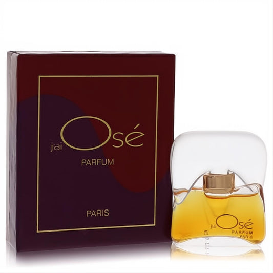 Luxurious Jai Ose by Guy Laroche 1/4 oz pure perfume. Amber liquid in a sculpted clear glass bottle, beside its rich burgundy box.