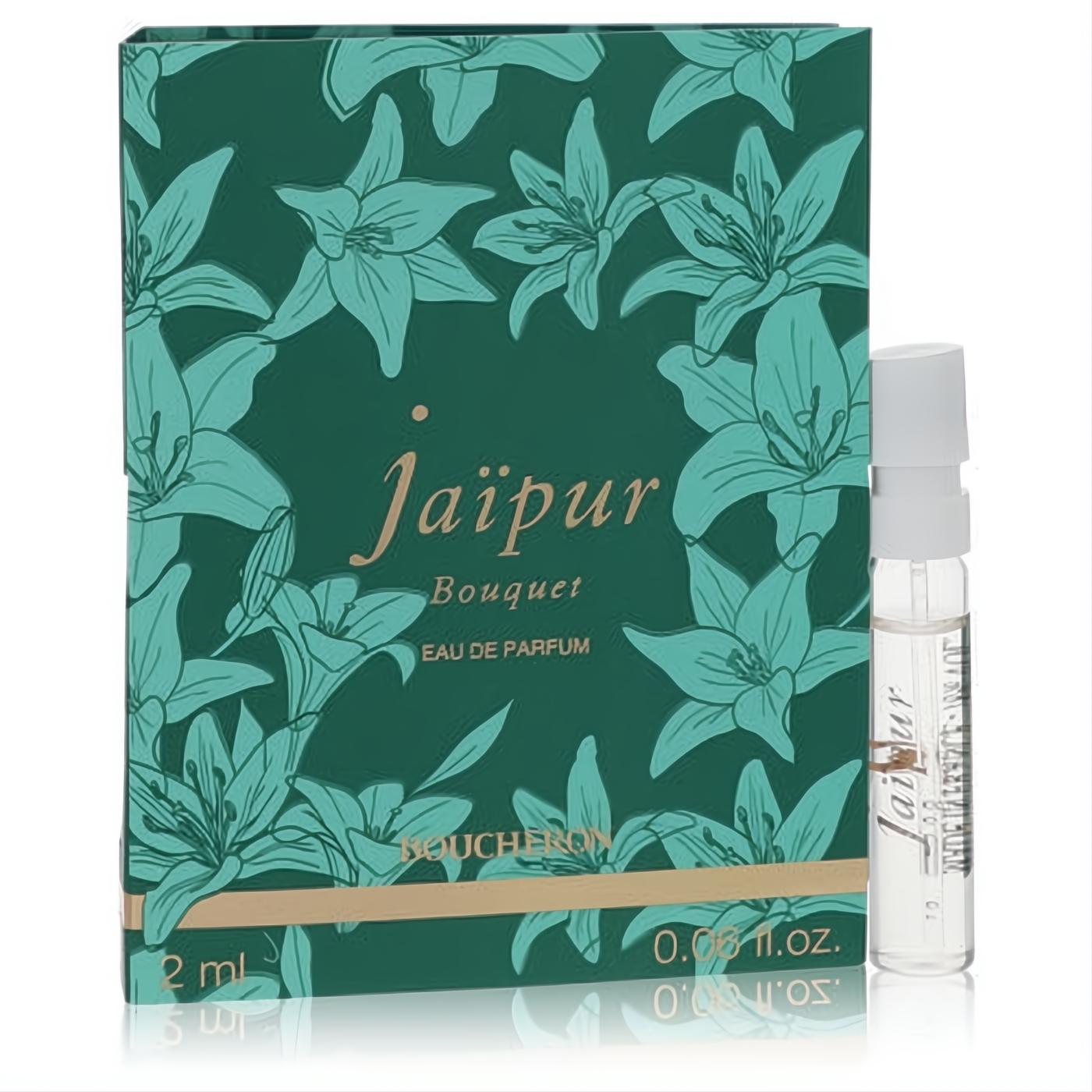 Elegant Boucheron Jaipur Bouquet 2ml EDP sample vial and vibrant teal floral box with gold lettering.