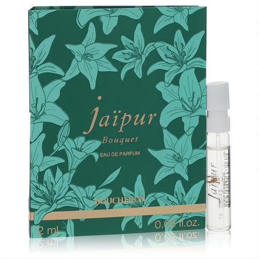 Elegant Boucheron Jaipur Bouquet 2ml EDP sample vial and vibrant teal floral box with gold lettering.