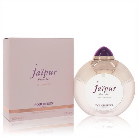 Exquisite Boucheron Jaipur Bracelet 3.3 oz EDP. Round clear bottle, distinctive purple cap, and chic pink box.