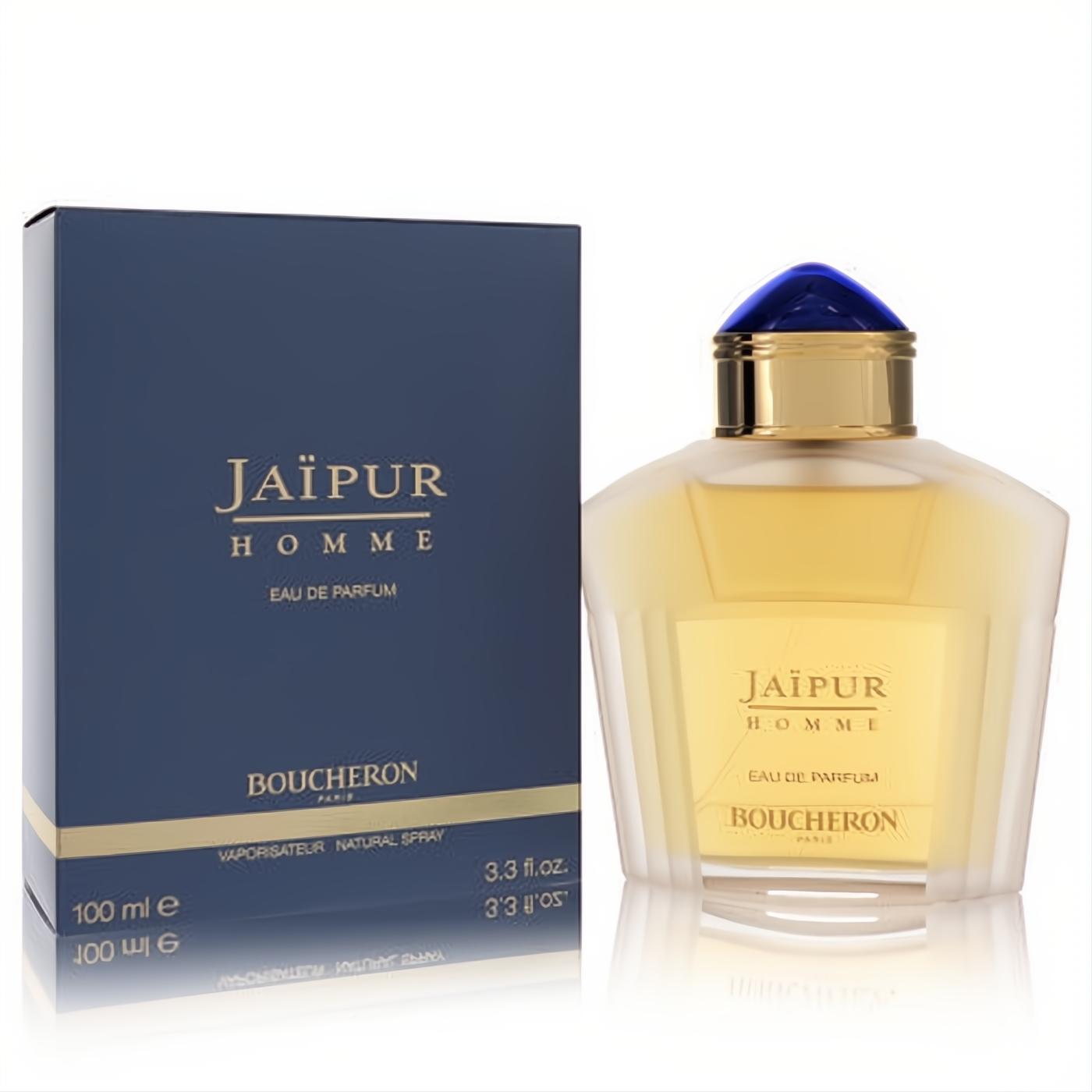 Experience luxury: Jaipur Homme Boucheron Eau De Parfum 3.3 oz. Faceted bottle with gold & blue cap, next to its elegant navy box.