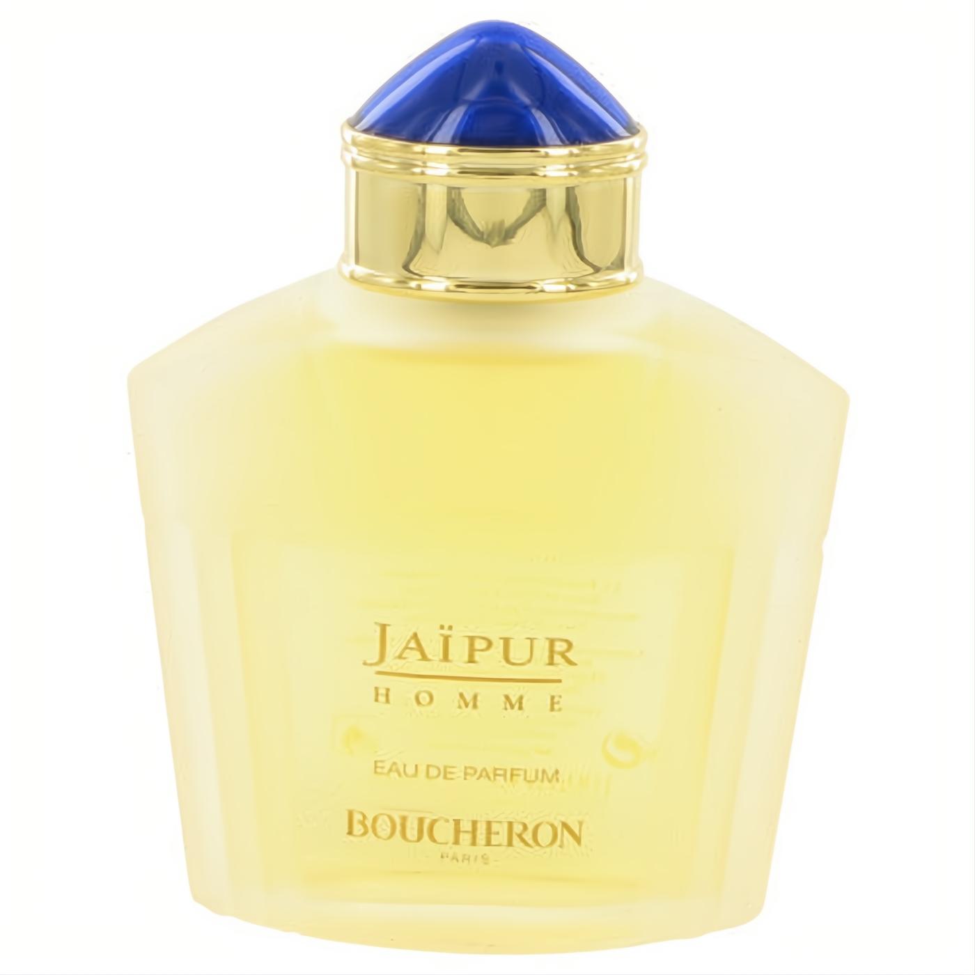 Sophisticated Jaipur Homme Eau De Parfum. Frosted glass bottle with a vibrant blue cap and gold collar. A timeless men's fragrance.