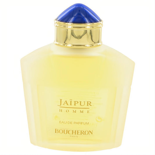 Sophisticated Jaipur Homme Eau De Parfum. Frosted glass bottle with a vibrant blue cap and gold collar. A timeless men's fragrance.