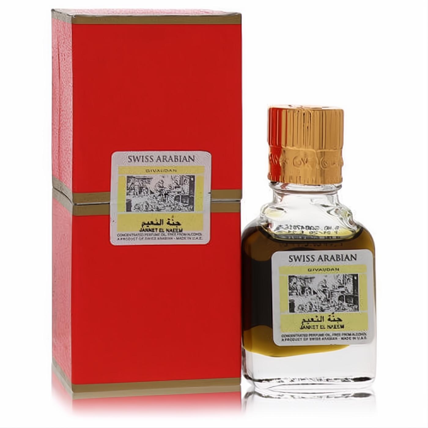 Vibrant red box and compact clear glass bottle of Swiss Arabian Jannet El Naeem perfume oil, with a gold cap and elegant label.