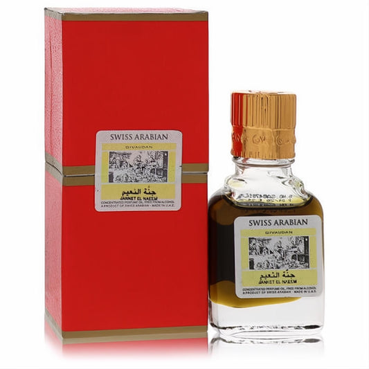 Vibrant red box and compact clear glass bottle of Swiss Arabian Jannet El Naeem perfume oil, with a gold cap and elegant label.