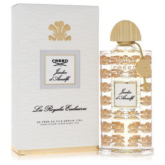 Exquisite Creed Jardin D'amalfi 2.5 oz unisex EDP. Clear glass bottle, intricate gold crest design, elegant gold cap, and white box.