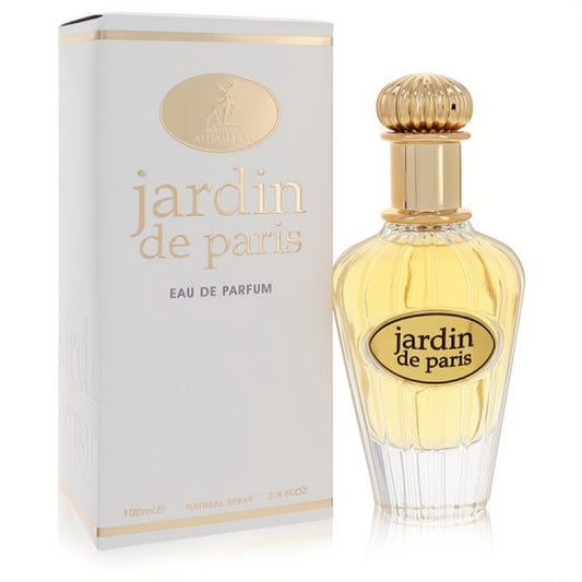 Elegant Jardin De Paris 3.4 oz EDP. Clear glass bottle with golden ribbed cap and white box.