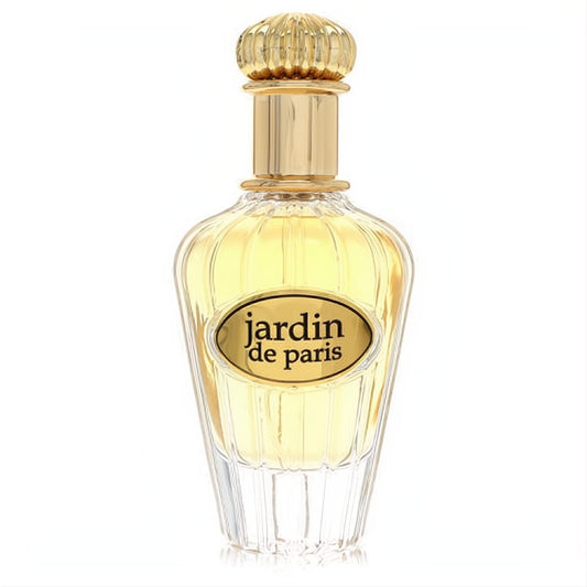Exquisite Maison Alhambra Jardin de Paris women's perfume, 3.4 oz. Clear glass bottle, golden liquid, ornate ribbed gold cap.