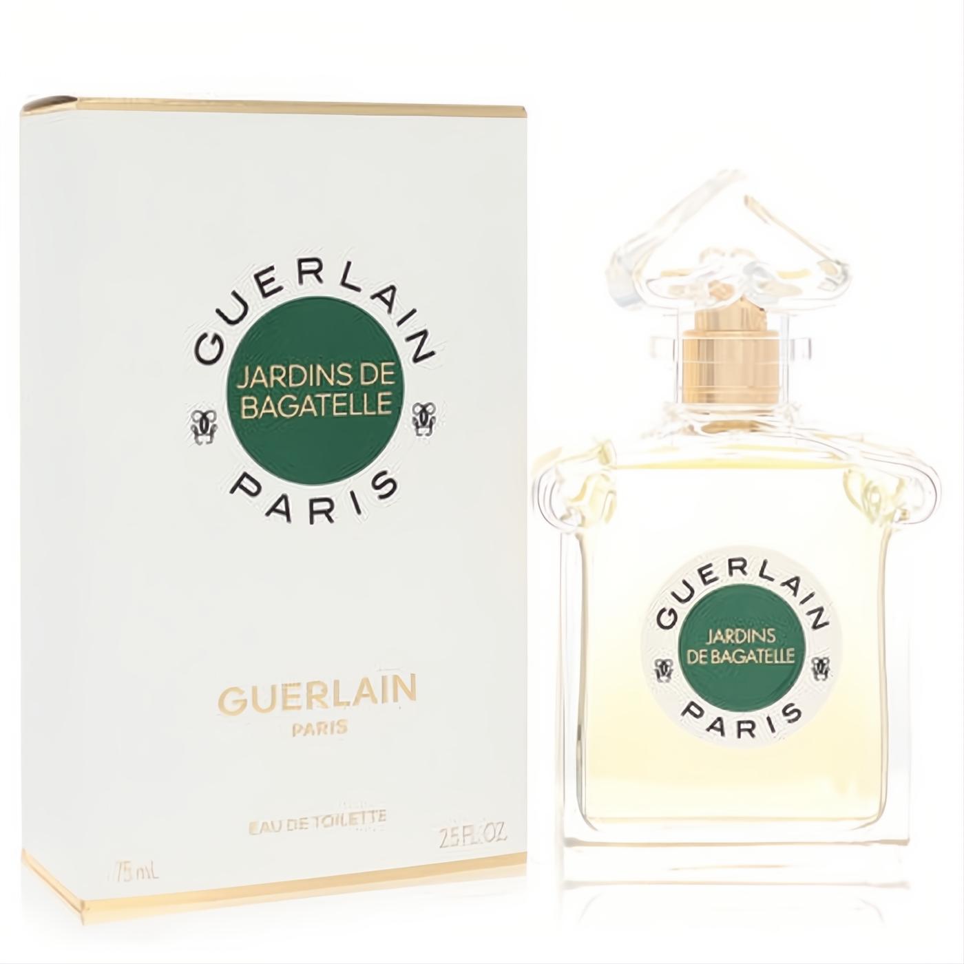 Guerlain Jardins De Bagatelle 2.5 oz EDT spray. Elegant clear glass bottle with gold cap, beside its white & green box.