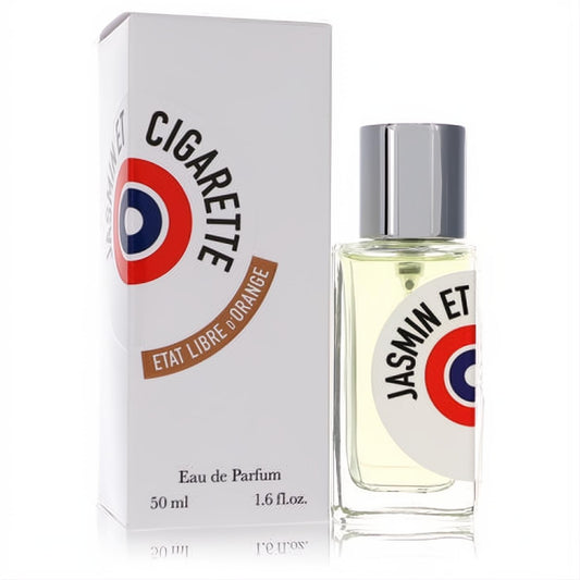 Etat Libre D'orange Jasmin Et Cigarette 1.6 oz EDP. Clear glass bottle with light yellow fragrance, silver cap, and white box with iconic target logo.
