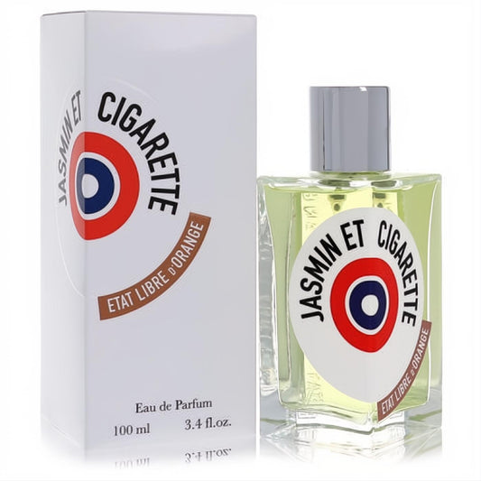 Jasmin Et Cigarette Eau De Parfum 3.4 oz spray. Clear glass bottle with light green liquid, silver cap, and iconic target logo, next to its white box.