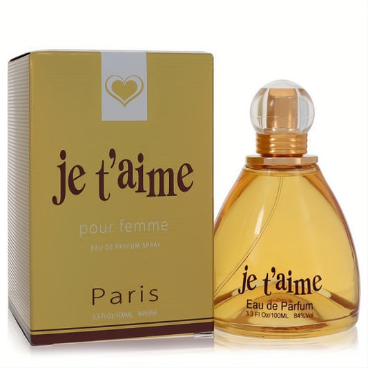 Elegant Je T'aime by YZY Perfume 3.3 oz Eau de Parfum for women, featuring a radiant amber glass bottle and luxurious gold box.
