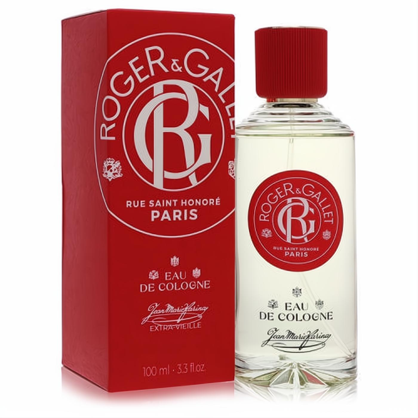 Experience Roger & Gallet Jean Marie Farina Extra Vielle 3.3 oz unisex eau de cologne. Clear bottle, vibrant red cap, matching box.