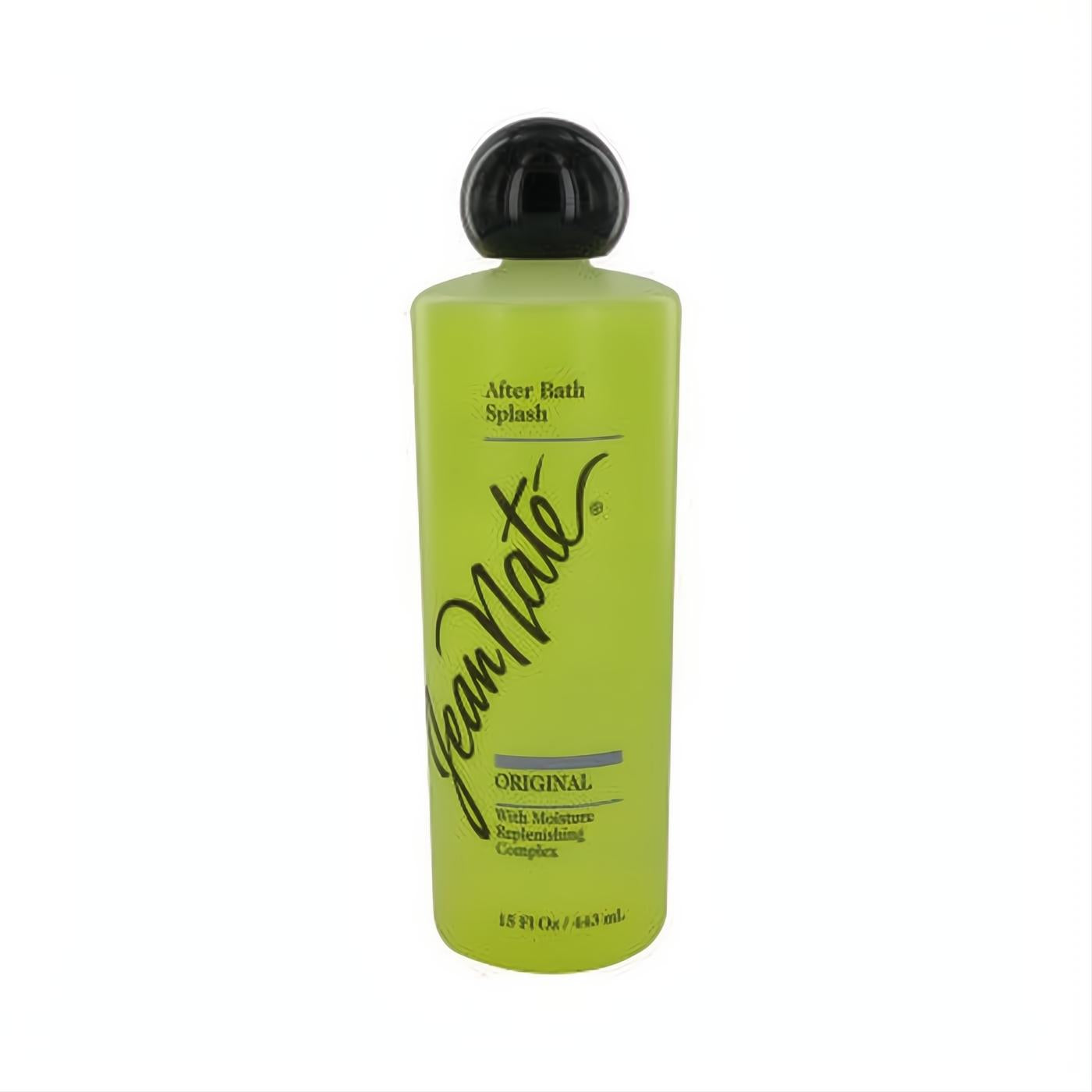 Jean Nate Revlon 15 oz After Bath Splash. Vibrant lime green plastic bottle with a sleek black cap, original formula.