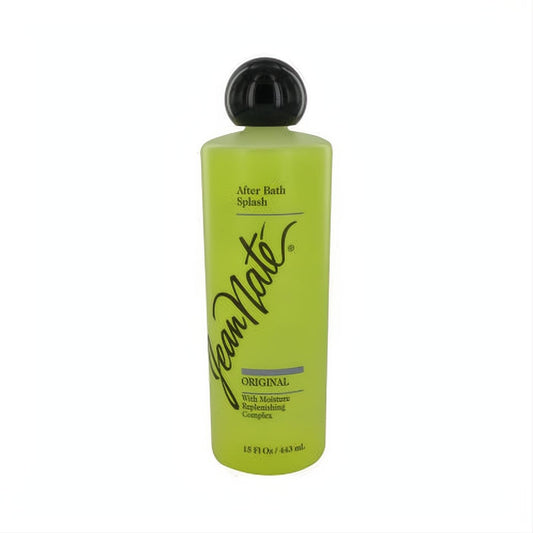 Jean Nate Revlon 15 oz After Bath Splash. Vibrant lime green plastic bottle with a sleek black cap, original formula.