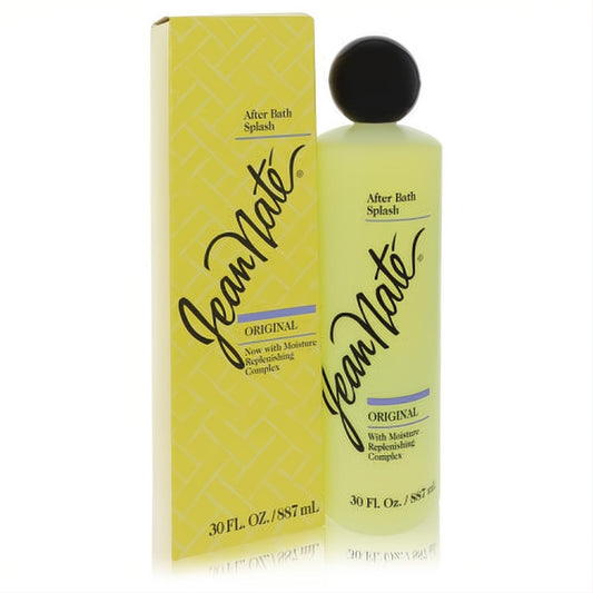 Jean Nate Revlon 30 oz After Bath Splash. Iconic light yellow bottle with black cap and matching box for a refreshing fragrance.