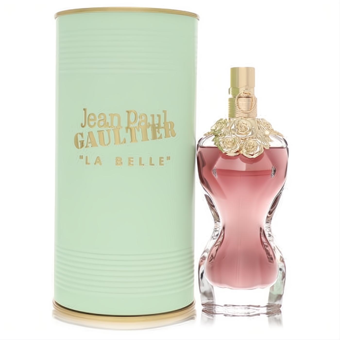 Jean Paul Gaultier La Belle 1.7 oz EDP. Exquisite pink torso bottle with gold floral details, in its elegant mint green box.