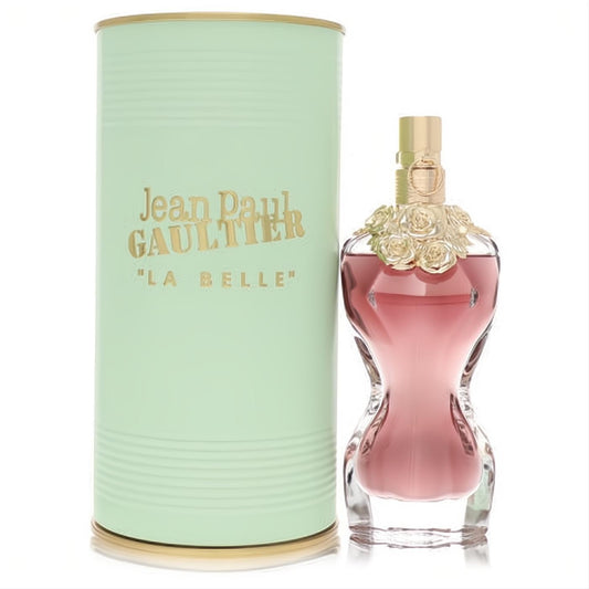 Jean Paul Gaultier La Belle 1.7 oz EDP. Exquisite pink torso bottle with gold floral details, in its elegant mint green box.