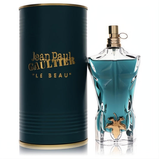 Jean Paul Gaultier Le Beau men's 4.2 oz EDT. Iconic male torso bottle, vibrant teal fragrance, gold leaf, sleek dark teal tin.