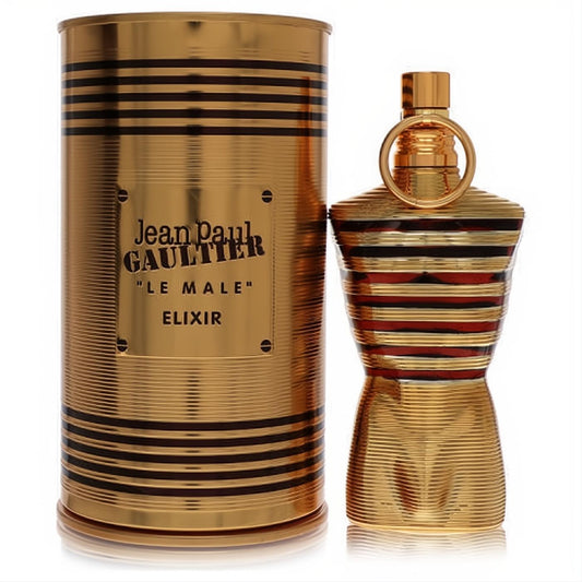 Luxurious gold Jean Paul Gaultier Le Male Elixir 2.5 oz men's parfum in iconic striped torso bottle and tin.