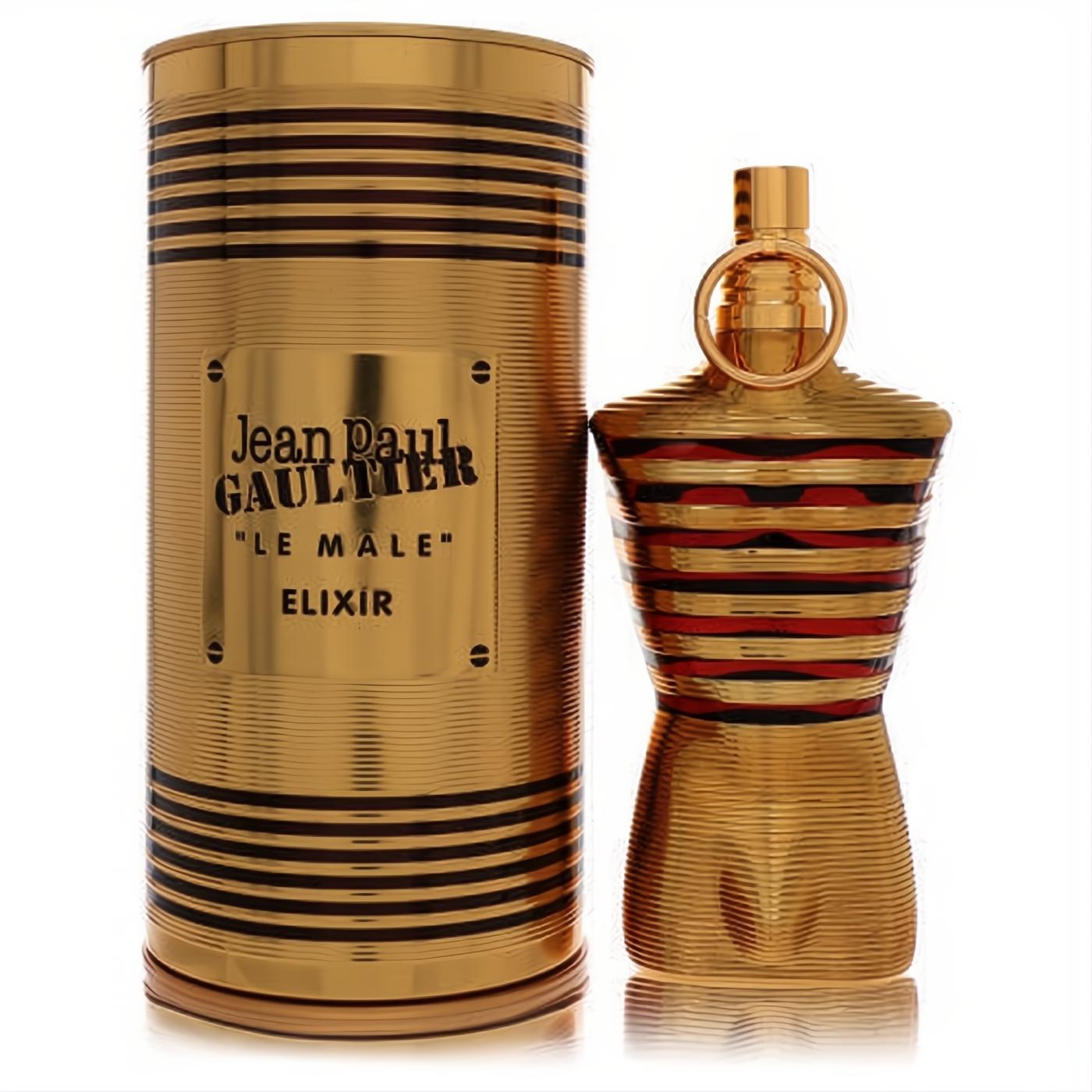 Jean Paul Gaultier Le Male Elixir men's parfum. Iconic gold torso bottle with bold black and red stripes, beside matching gold tin.