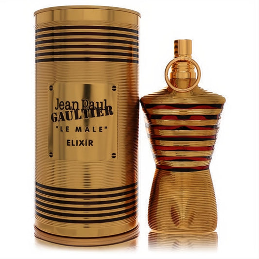 Jean Paul Gaultier Le Male Elixir men's parfum. Iconic gold torso bottle with bold black and red stripes, beside matching gold tin.